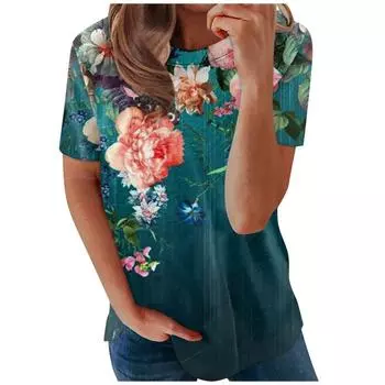 3D цифровая печать летние футболки пуловер с короткими рукавами цветочный принт свободный круглый вырез женская футболка S