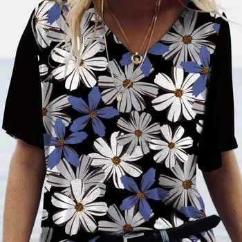 3D цифровая печать Повседневная свободная цветочная футболка с V-образным вырезом и короткими рукавами для женщин Футболки (Женский) S