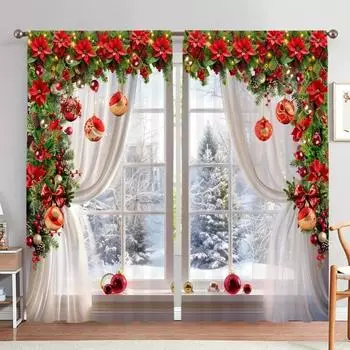 3D цифровая печать Рождественский красный цветочный шар Снежный пейзаж Шторы для спальни Шторы 2 панели Наборы для гостиной Домашний декор Крючок 2x50W160H(CM)40x63in&Hook