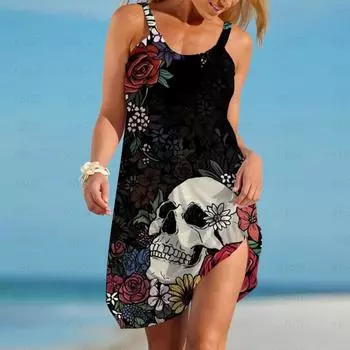3D цифровая печать вечернее платье бохо сексуальное женское летнее скелетное цветочное пляжное платье-комбинация S