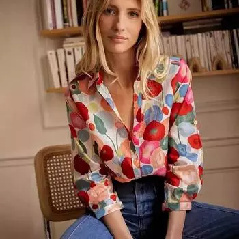 3D цифровая печать женские блузки модная рубашка с длинным рукавом цветочные узоры красочный топ S красный