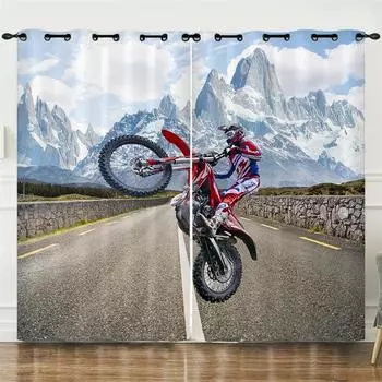 3D Cool Motorcycle Mountain Dirt Bike Curtain 2 Panels Motorcycle Enthusiast Room Bedroom Living Room Curtain 100W130H(CM)40x51in&Hook