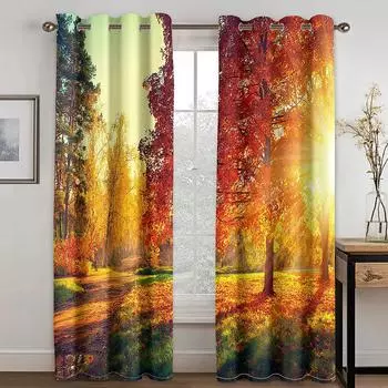 3D Curtain Tree Scenery for Bedroom, Autumn Forest Sunset Print, Light Curtain, Essential Polyester, 2 Panels 50W160H(CM)x2Panel&Hook