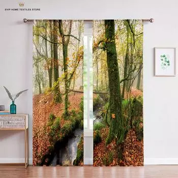 3D Curtain Tree Scenery for Bedroom, Autumn Forest Sunset Print, Light Curtain, Essential Polyester, 2 Panels W50X130H(CM)X2PCS&Grommet Top