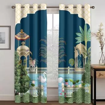 3d Curtains Classical Peacock Castle Elements 2 Panels Living Room Balcony Window Decorative Curtains 50W130H(CM)X2PCS&Grommet Top