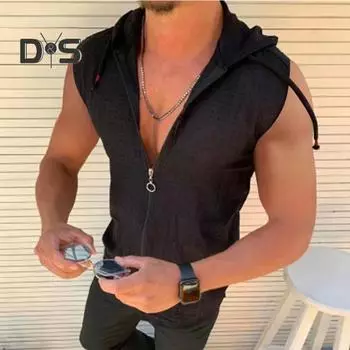 3D Cutting Vest Top Drawstring Модная летняя спортивная толстовка без рукавов с капюшоном M чёрный