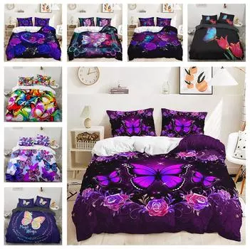 3D цветной комплект постельного белья с бабочкой, пододеяльник с бабочкой и цветком, 2/3 предмета, Twin Super King Home, мягкий и легко чистящийся комплект для украшения дома на молнии DE 100x135cm