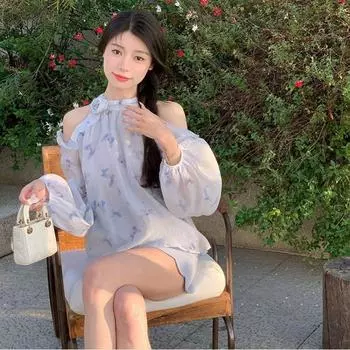 3D Цветочные шифоновые рубашки для женщин Свободные оборчатые края с открытыми плечами Топы с открытым воротом Весенняя свободная одежда с длинными рукавами S синий