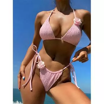 3D Цветочный Бикини Треугольная Чашка Захватить Сплошной Цвет Женский Купальник Пуш-Ап Комплект Бикини Из Двух Частей Пляжная Одежда Дамы Плавание S синий