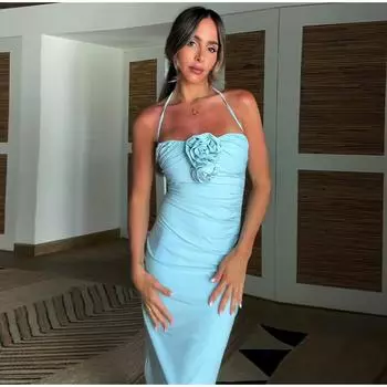 3d Цветочный Холтер Длинное Женское Платье Тонкий Плиссированный Без Рукавов Спинки Летняя Вечеринка Пляжный Леди Халат XS синий