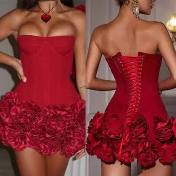 3D Цветочный подол Тонкий Мини-Платье Без Бретелек Женское Сексуальное Открытая Спина Оборки Бандаж Короткие Платья Дамы Однотонные Вечерние Платья XS красный