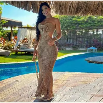 3d Цветок Холтер Трикотаж С Открытой Спиной Без Рукавов Женские Миди Платья Весна Лето Леди Пляжные Халаты M хаки