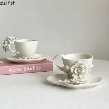 3D-цветок Керамическая кружка Ручная работа Роза Кофейная кружка Молочная кружка для чая Офисная чашка для чая Чашка для воды Бытовые кружки для напитков Чашки для воды 201-300ml