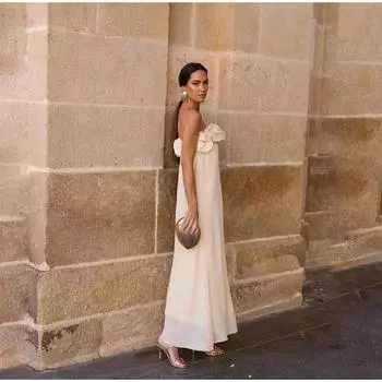 3D Цветок Открытые Плечи Вечерние Трикотажные Элегантные С Открытой Спиной Свободные Женские Платья S абрикосовый