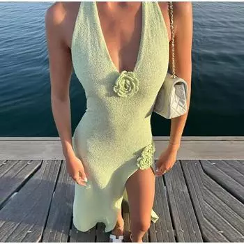 3d Цветок Вязаное Длинное Платье Женщин Сексуальный Тонкий V-образный вырез Спинки Разрез Женские Платья Для Вечеринок Без Рукавов Пляжные Женские Халаты S абрикосовый