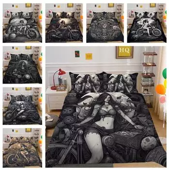 3D Dark Beauty Комплект постельного белья с принтом мотоцикла Красота Череп Голова Пододеяльник 2/3 шт. AU180 * 210 Супер большая кровать Быстросохнущее украшение для комнаты Baby 100x135cm