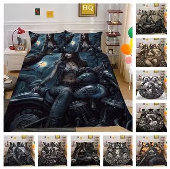 3D Dark Beauty Комплект постельного белья с принтом мотоцикла Красота Череп Голова Пододеяльник 2/3 шт. AU180 * 210 Супер большая кровать Быстросохнущее украшение для комнаты Baby 100x135cm