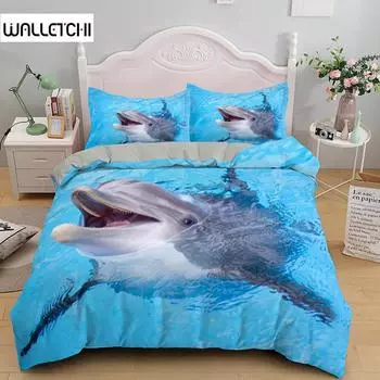 3D дельфин в синем море Queen King Size комплекты постельного белья Animal Single Quilt Duvet Cover Set Детская кровать для взрослых Полиэстеровое постельное белье EU single(135x200cm)