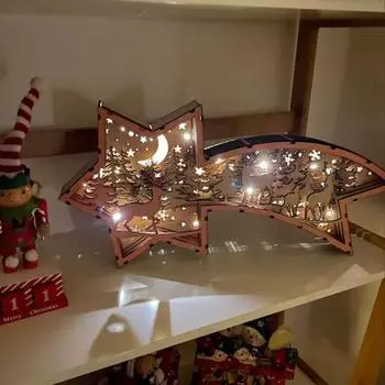 3D деревянная резьба светодиодный ночник резной олень рождественская елка снежинка лампа рождественская настольная статуэтка для домашнего офиса полка декор A