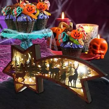 3D деревянная резьба светодиодный ночник резной олень рождественская елка снежинка лампа рождественская настольная статуэтка для домашнего офиса полка декор A