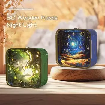 3D Деревянный Пазл Ночной Светильник Регулируемая Яркость Мягкое Свечение Защита Глаз Перезаряжаемый Декоративный E