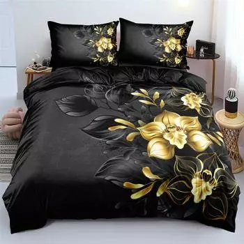 3D Design Flower Duvet Cover Sets Queen Size Floral Print Set Sleeping Decor Black Quilt/Comfort Cover With Pillows cot size 70x133cm