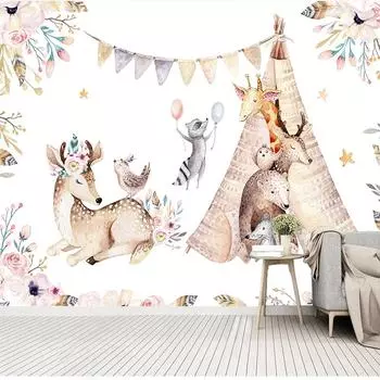3D детские обои, фреска, скандинавский лесной лось, фотообои, детская комната, спальня, диван, ТВ, фон, стена, на заказ, 3D настенная фреска 300cm (W) x 200cm (H)