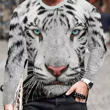 Футболка с принтом 3D Digital Cool White Tiger для мужчин, длинный рукав, круглый вырез, модный топ на весну и осень для активного отдыха на свежем воздухе S