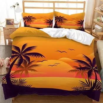 3D Digital Ins Minimalist Plant Quilt Cover Coconut Tree Print Three-Piece Digital Kit 135 * 200 (two-piece set) 90g