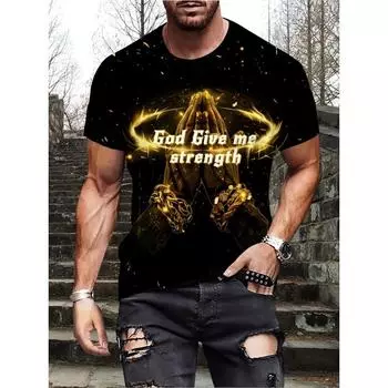 3D Digital Praying Hands And Golden Bracelets Pattern Print Crew Neck And Short Sleeve T-shirt, Stylish And Trendy Summer Tops M