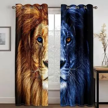 3D Digital Print Cheap Custom Animal Lion Tiger Two Thin Window Curtains for Living Room Bedroom Kitchen Office Decor 2 Pieces W50H60(CM)x2PCS&Hook