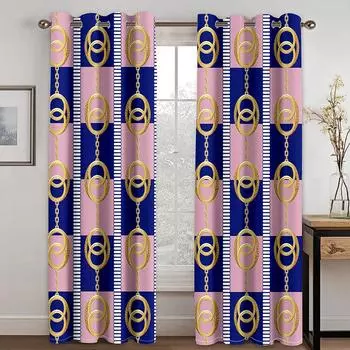 3D Digital Print Gold Chain Blue Pink Geometric Gothic Curtain Deluxe Living Room Bedroom Home Decor 2 Panels Free Delivery 100W130H(CM)40x51in&Hook