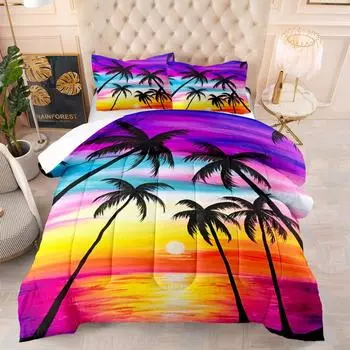 3D Digital Print Quilt Sunset Coconut Tree Fat Quilt Feather Silk Cotton Bedding, Three-Piece Set 90*190