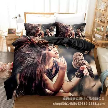 3D Digital Printing Bedding Four-Piece Set Three-Piece Set Owl Black Bed Sheet Quilt Pillow 135X200 two-piece set