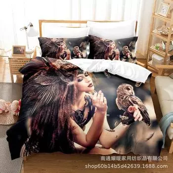 3D Digital Printing Bedding Four-Piece Set Three-Piece Set Owl White Sheet Quilt Pillow 135X200 two-piece set