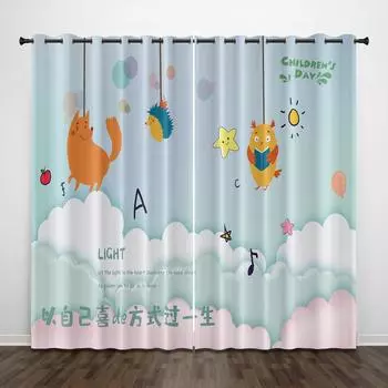 3D Digital Printing Explosive Cartoon Curtain Cute Animals Boy Children s Kids Room Bedroom Balcony Bay Window Thin Curtain 2pcs W50H60(CM)x2PCS&Hook