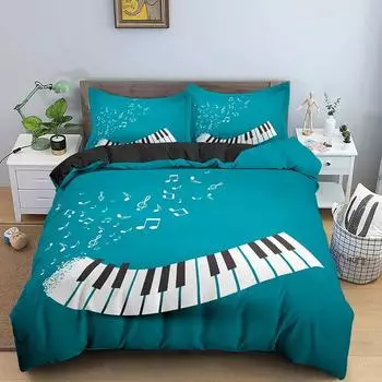3D Digital Printing Music Theme Duvet Cover Set Piano Note Pattern Quilt Cover Pillowcase Music Lover Bedroom Decorative Bedding 3pcs DE 135x200cm
