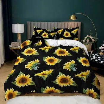 3D Digital Printing New Simple And Fresh Three-Piece Sunflower Kit Quilt Cover Bedding 135 * 200 (two-piece set) 90g