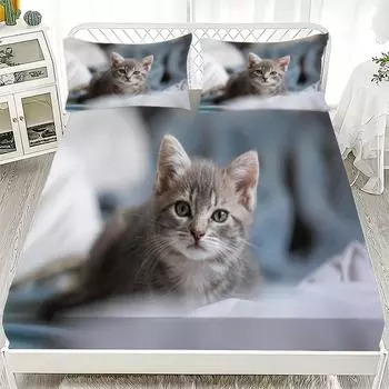 3D Dog and Cat Cute Print Fitted Sheet Set Mattress Covers Soft Breathable Bedding Set with Deep Pocket for Bedroom 90x200cmx25