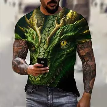 3D Dragon Print Мужская футболка Personality Fashion Street Мужская круглая горловина с коротким рукавом Мужская футболка с принтом тропического стиля Большие размеры Мужская одежда 2XS