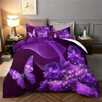3D Dreamy Night Galaxy Purple Butterfly Printed Purple Flying Duvet Cover Комплект постельного белья для детей, девочек, подростков, взрослых, 3 пододеяльника 70x133cm 2pcs