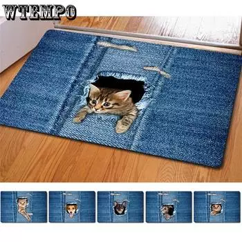 3D джинсовый коврик с отверстиями для кошек, милый забавный ковер с рисунком котенка, кухонный абсорбирующий противоскользящий коврик для ванной 40*60cm