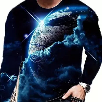 3D Earth Pattern Print, мужская футболка с графическим дизайном и длинным рукавом, повседневные рубашки, весенняя мужская одежда, топы S