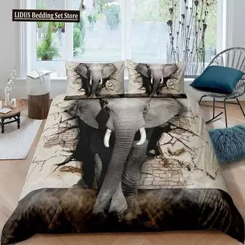 3D Elephant Duvet Cover Set Queen Size African Safari Animal Comforter Set Wildlife Bedding Set Retro Wall Decor Bedspread Cover EU single(135x200cm)