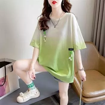 3D Flower Gradient T-shirt for Women Round Neck Summer Cool T-shirts Short Sleeved Chic Female s Loose Pullover Tops M зелёный