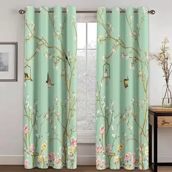 3D Flowers Classical Art Green Yellow Curtains 2 Panels Applicable Living Room Bedroom Kitchen Balcony Window Decor 50W130H(CM)X2PCS&Grommet Top