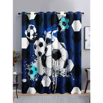 3D Football Graffiti Art Design Sports Children 2Pcs Shading Polyester Darkening Curtain for Living Room Kids Bedroom Decor Hook W65X60H(cm)X2Pcs&Hook