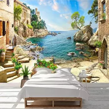 3D фото обои Европейский ретро маленький город пейзаж большая фреска кафе ресторан бар настенная живопись картина для стены 3D декор 300cm (W) x 200cm (H)