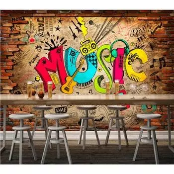 3d фотообои ретро ностальгическая кирпичная стена музыка граффити бар фон обои 200 cm(W) x 140 cm(H)