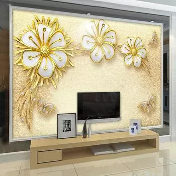 3D фотообои Современные золотые роскошные бриллиантовые цветочные украшения для гостиной, спальни, дивана, телевизора, фона, стены, домашнего декора, фрески 200 cm(W) x 140 cm(H)